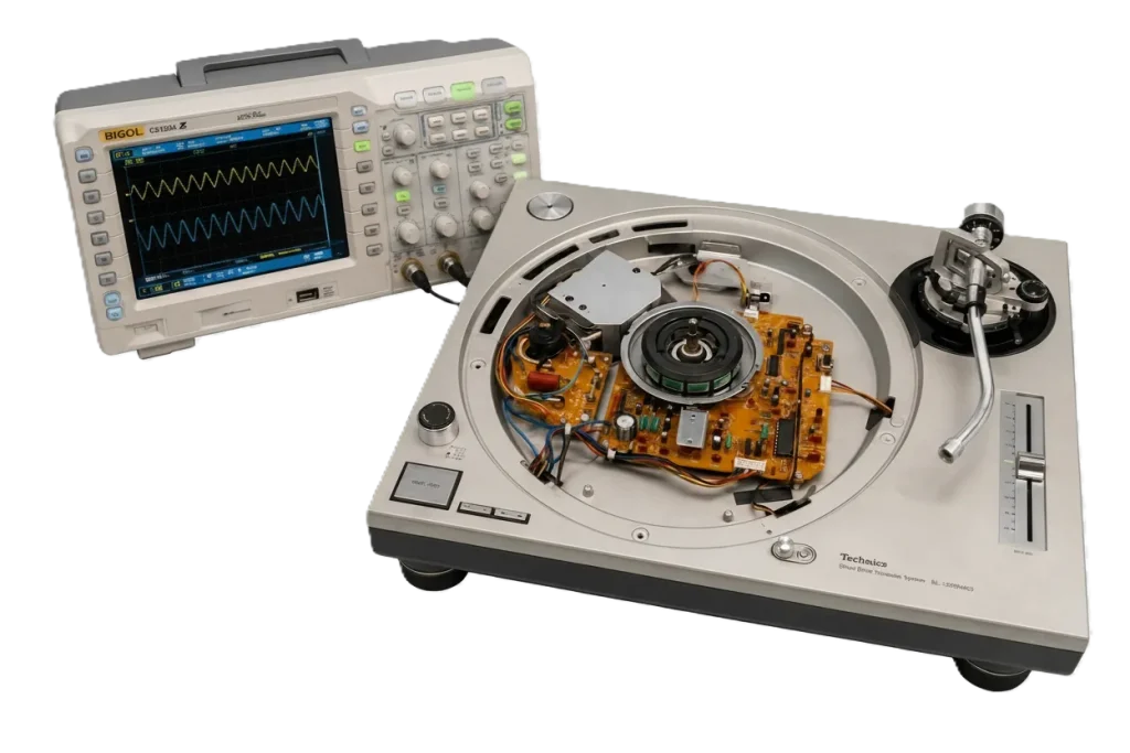 Technics SL-1200 abierto junto a un osciloscopio durante una reparación