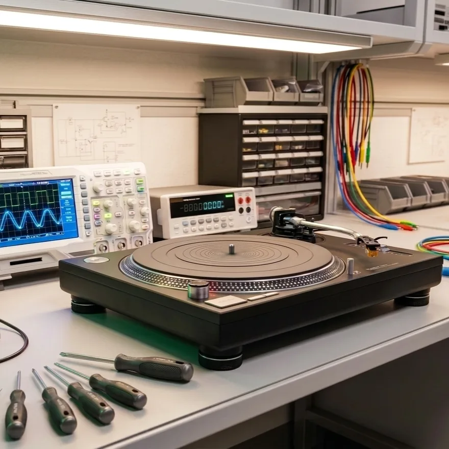 Banco de trabajo de 1200 Lab con Technics SL-1200 e instrumental de medida