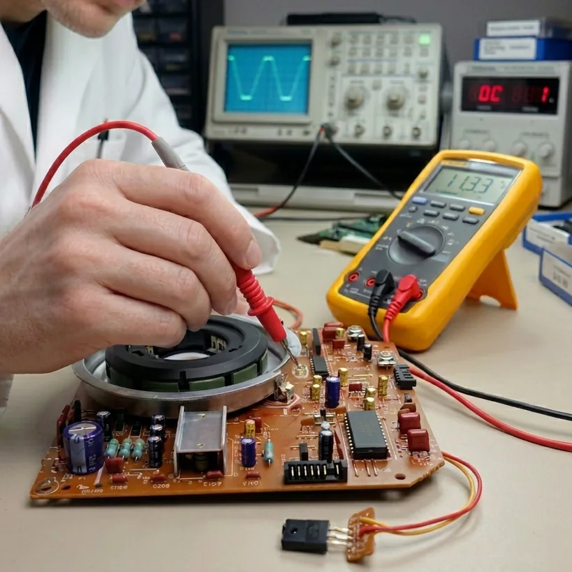 Medición electrónica de la placa de un Technics SL-1210 durante el diagnóstico